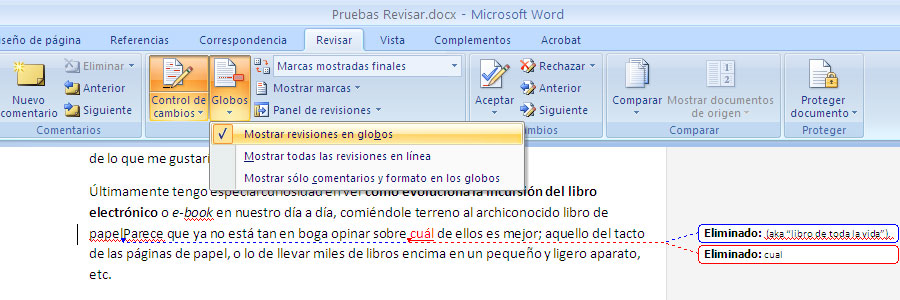 Captura de pantalla mostrar revisiones en globos en Word